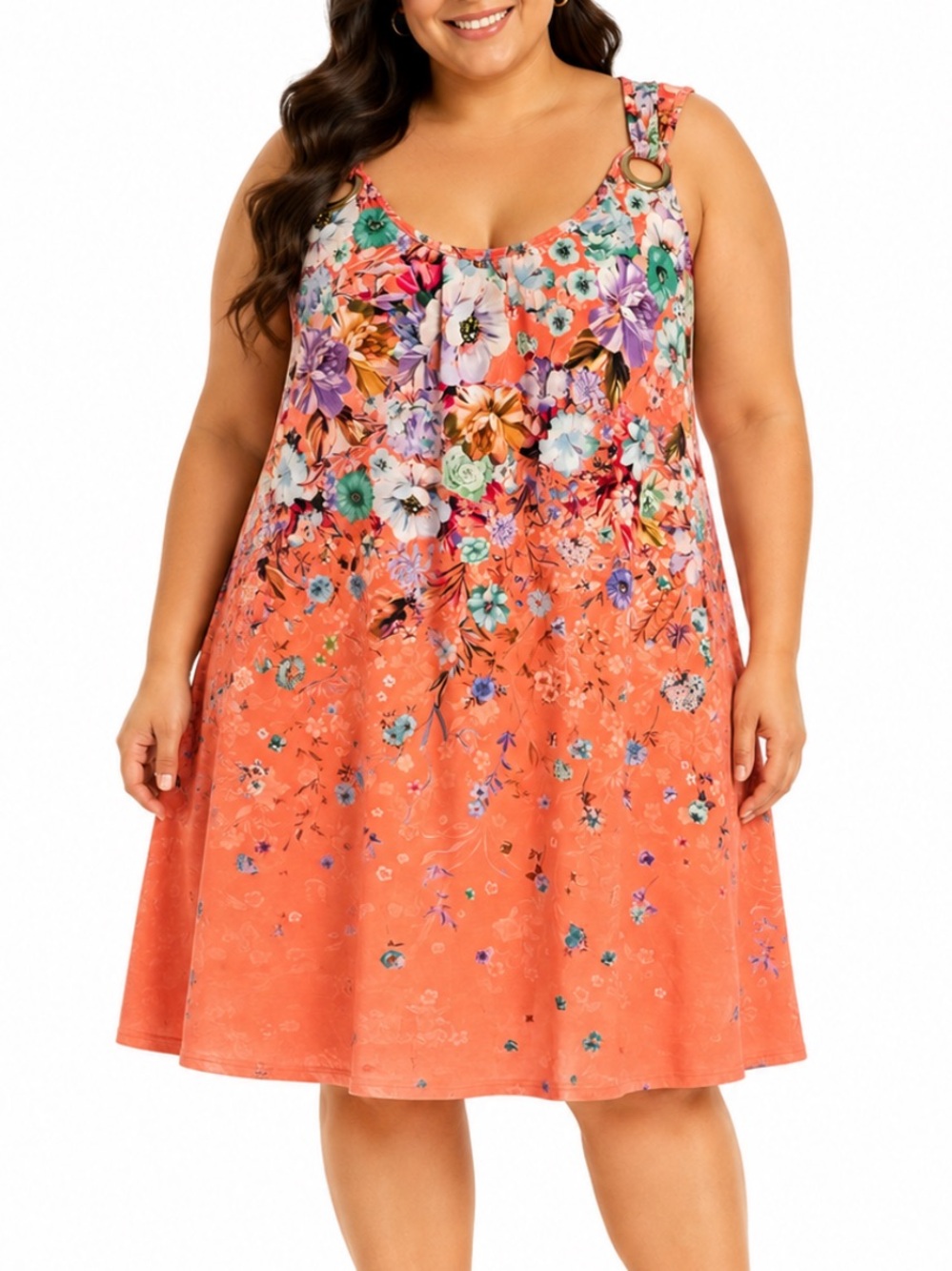 Plus Size orange floral ring hardware strap stretch knit sleeveless dress 5XL